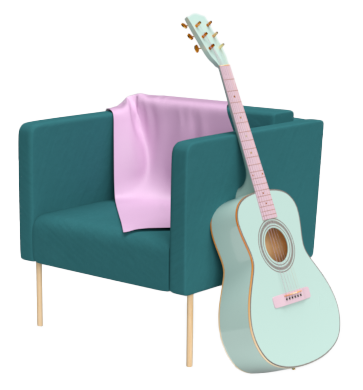 Gitarr som lutar mot sidan av en fåtölj.